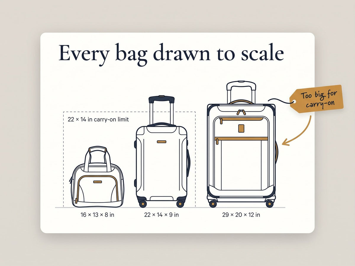Every bag drawn to scale against the carry-on limit