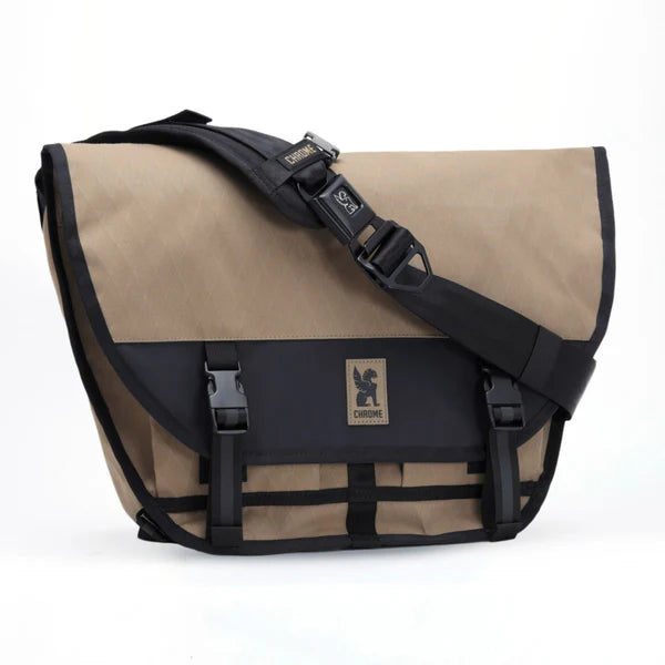 Khaki Chrome Citizen 15L messenger bag, side view with crossbody strap