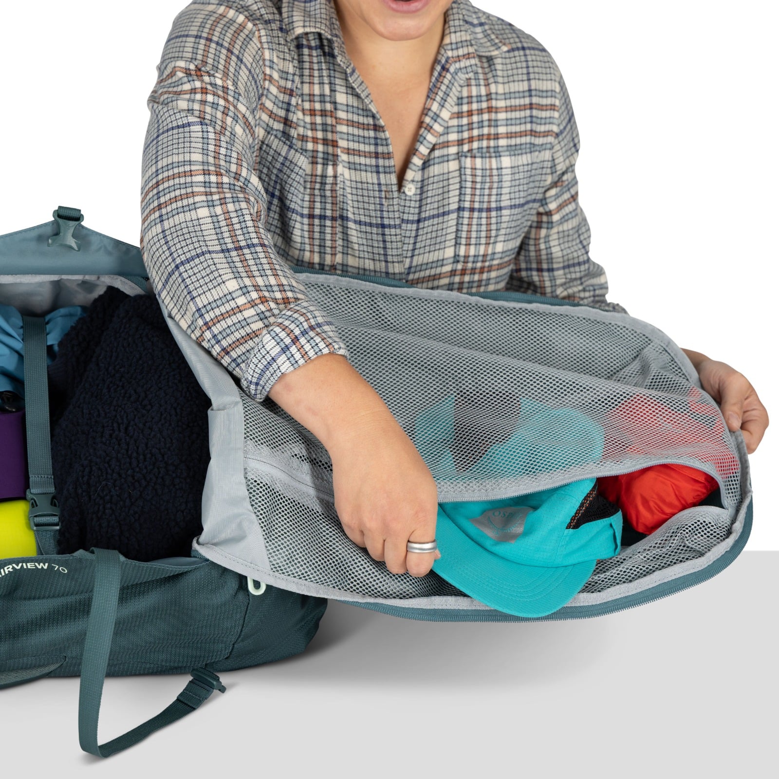 Osprey Fairview 70 Women's Travel Pack 70L in Cascade Blue-Torrent Blue — detail view