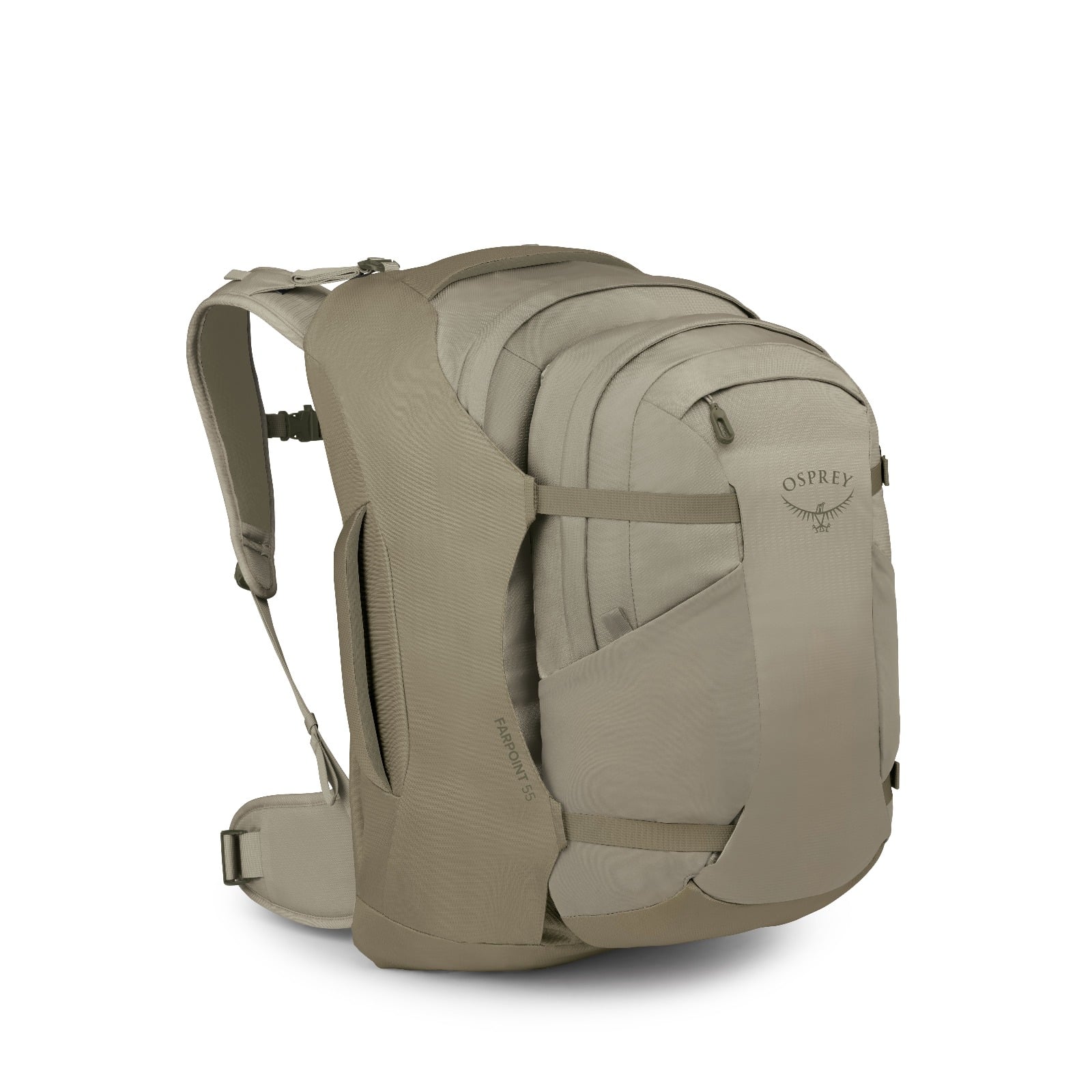 Osprey Farpoint Travel Pack-55L in Sawdust Tan — front view # color_Sawdust Tan