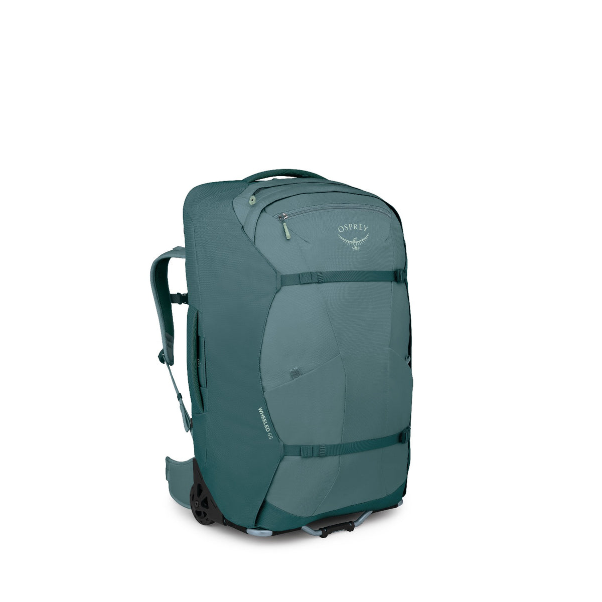 Osprey Farpoint Wheeled Travel Pack 65L/27.5" in Cascade Blue-Torrent Blue — angle view 3