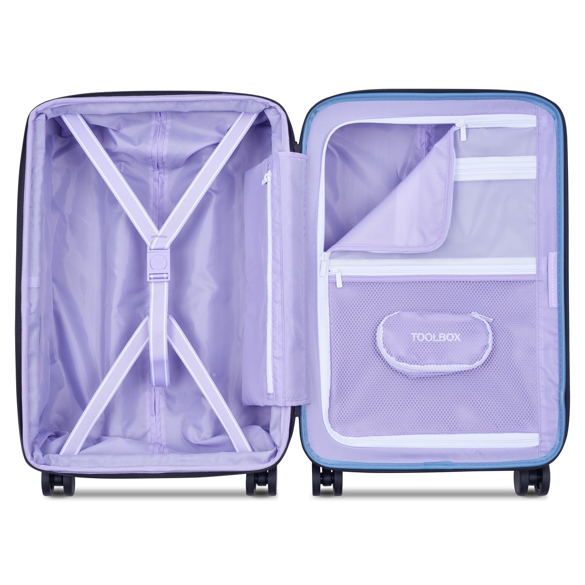 Delsey Spin Me Away Carry-On Plus Expandable Spinner in Zinc Blue — interior view
