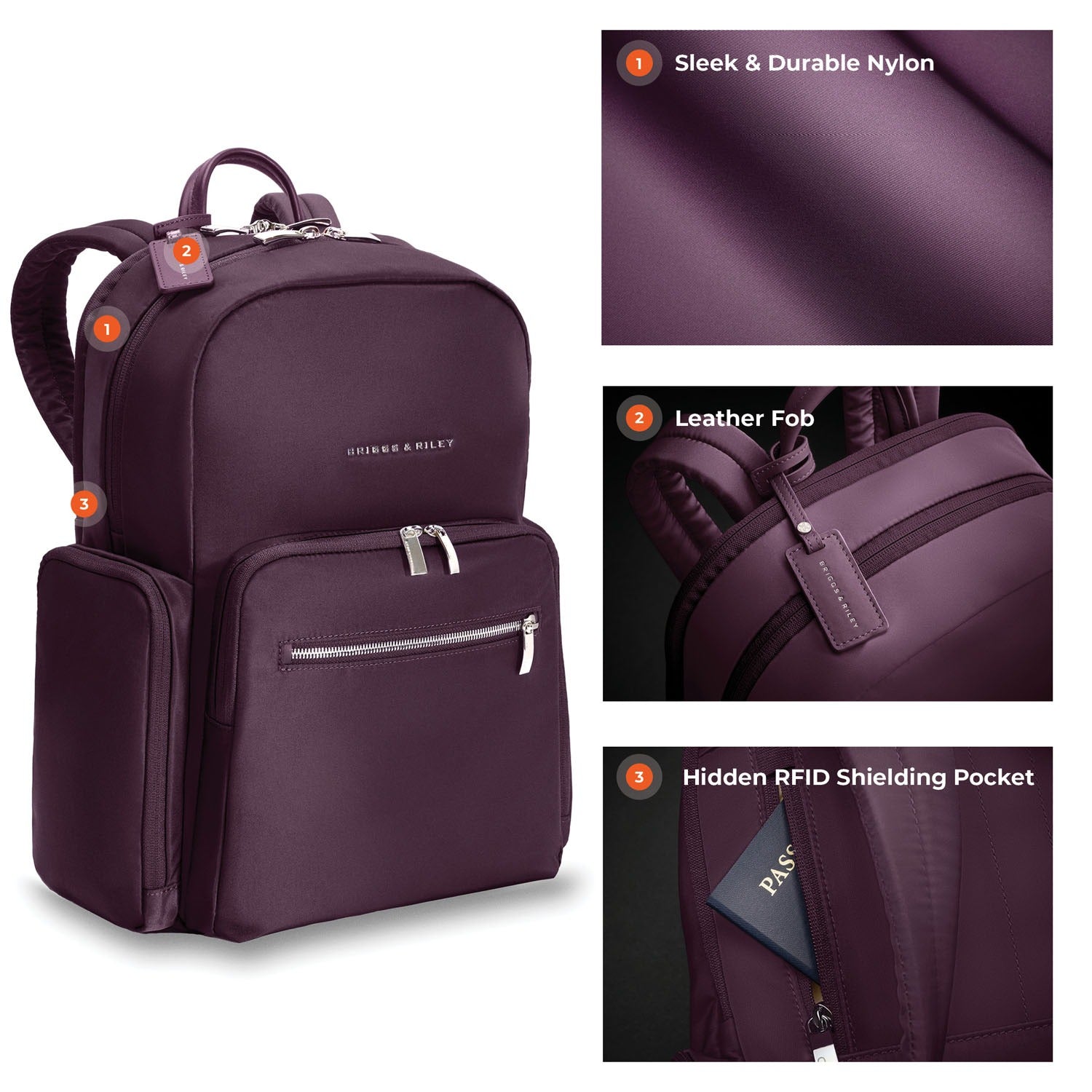 Briggs & Riley Rhapsody Medium Backpack in Plum — detail view 3 # color_Plum