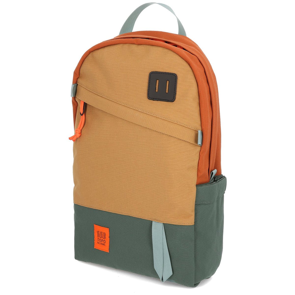Topo Designs Daypack Classic in Khaki Forest Clay — angle view