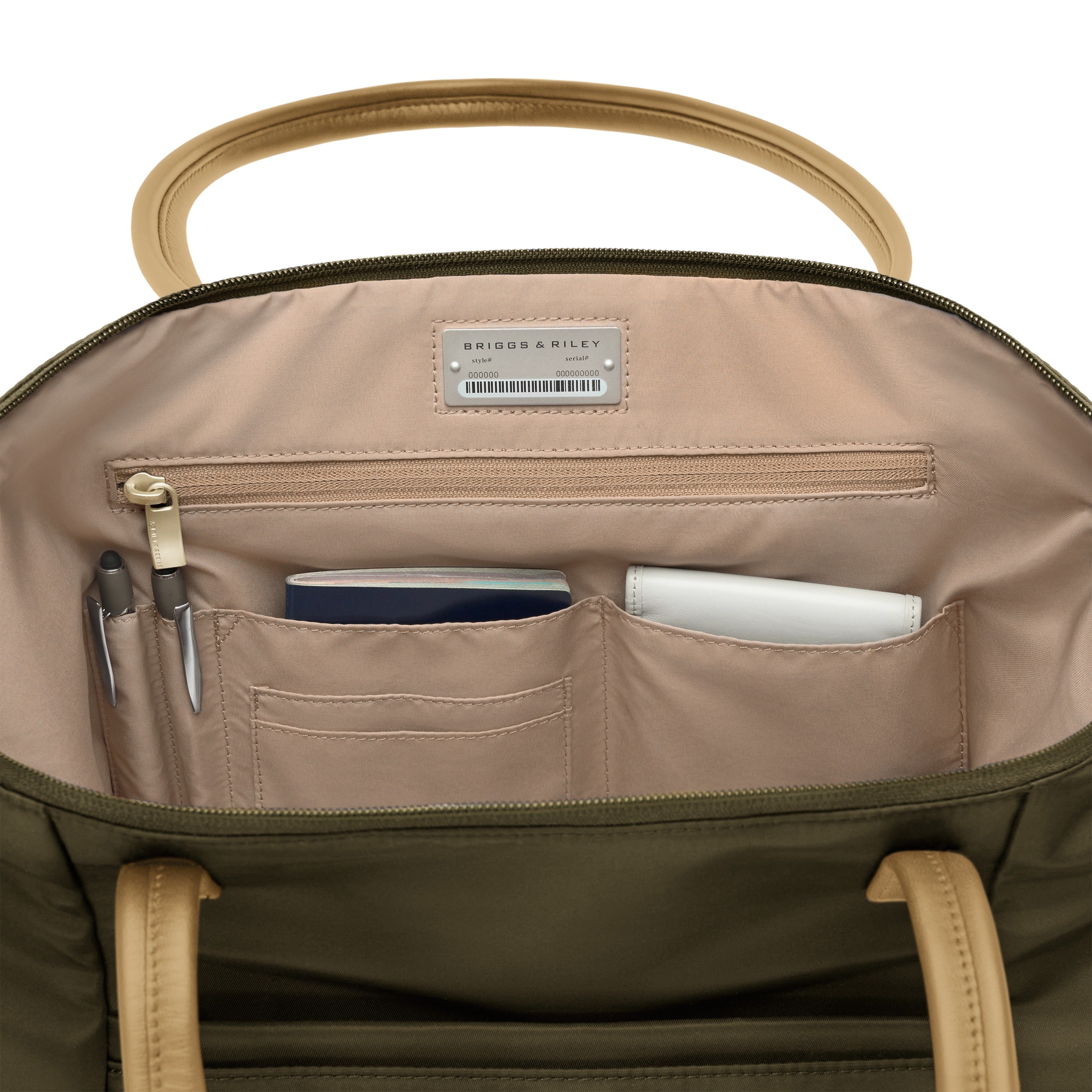 Briggs & Riley Rhapsody Expandable Tote in Olive — interior view # color_Olive