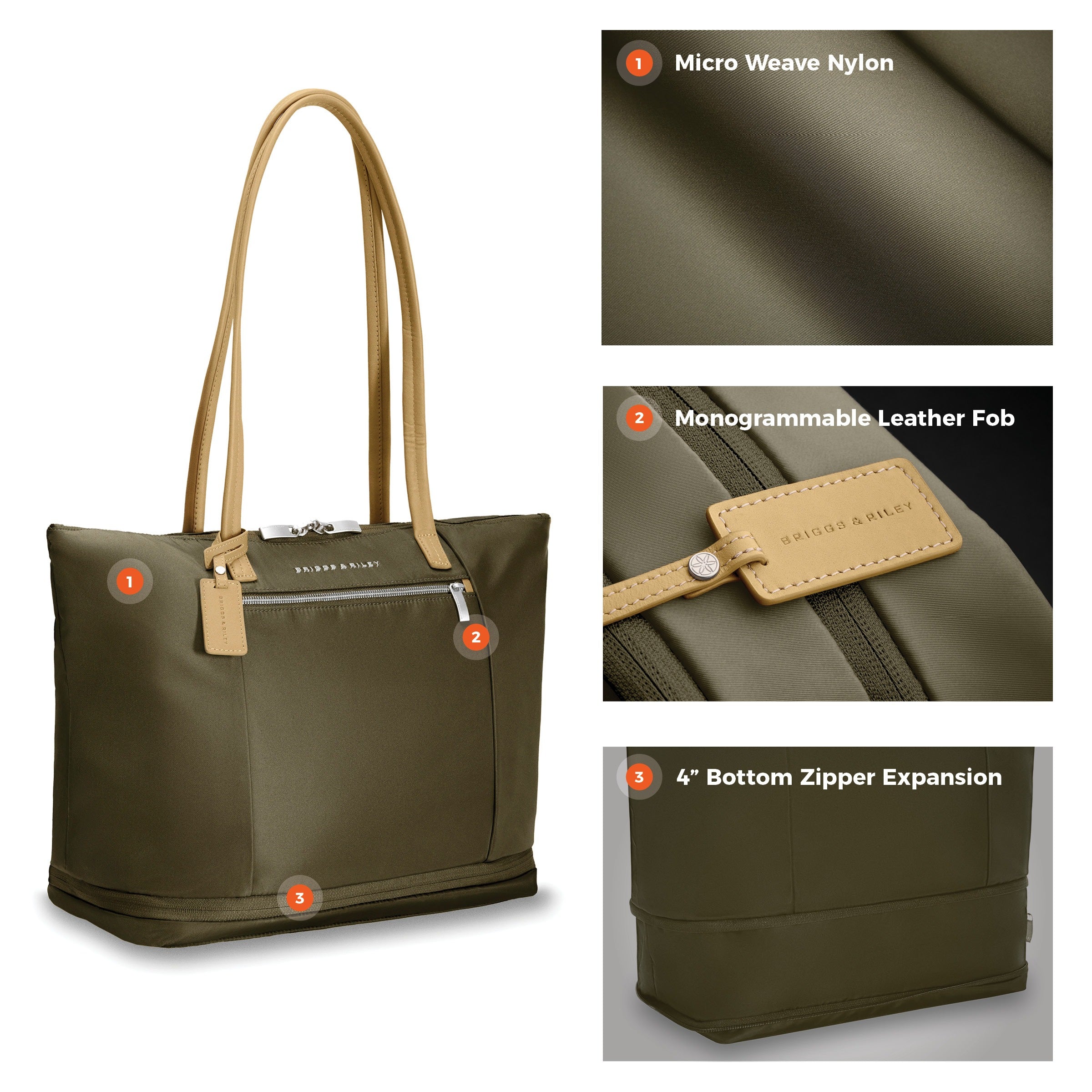 Briggs & Riley Rhapsody Expandable Tote in Olive — detail view # color_Olive