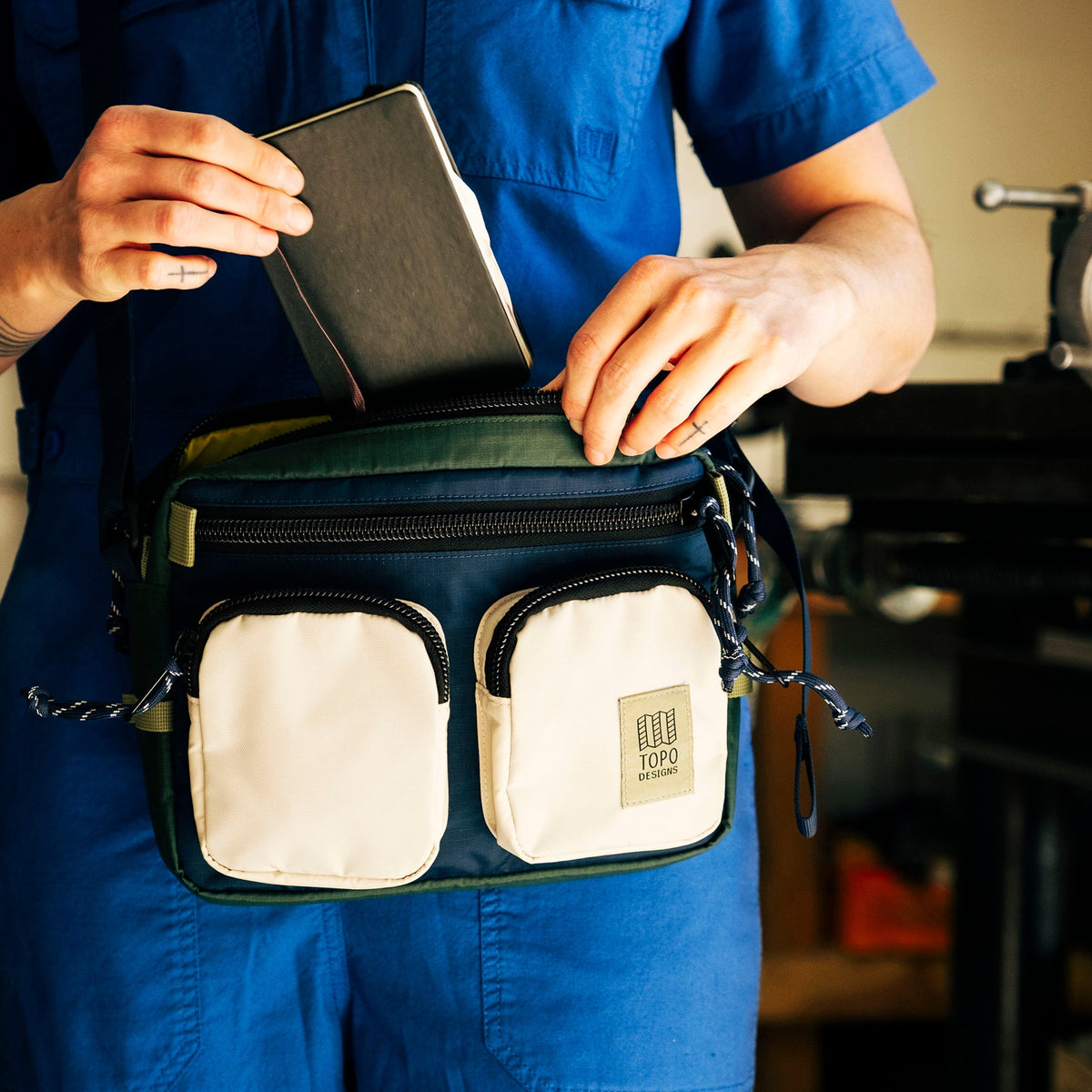 Topo Designs Block Bag in Forest Bone White — lifestyle # color_Forest Bone White
