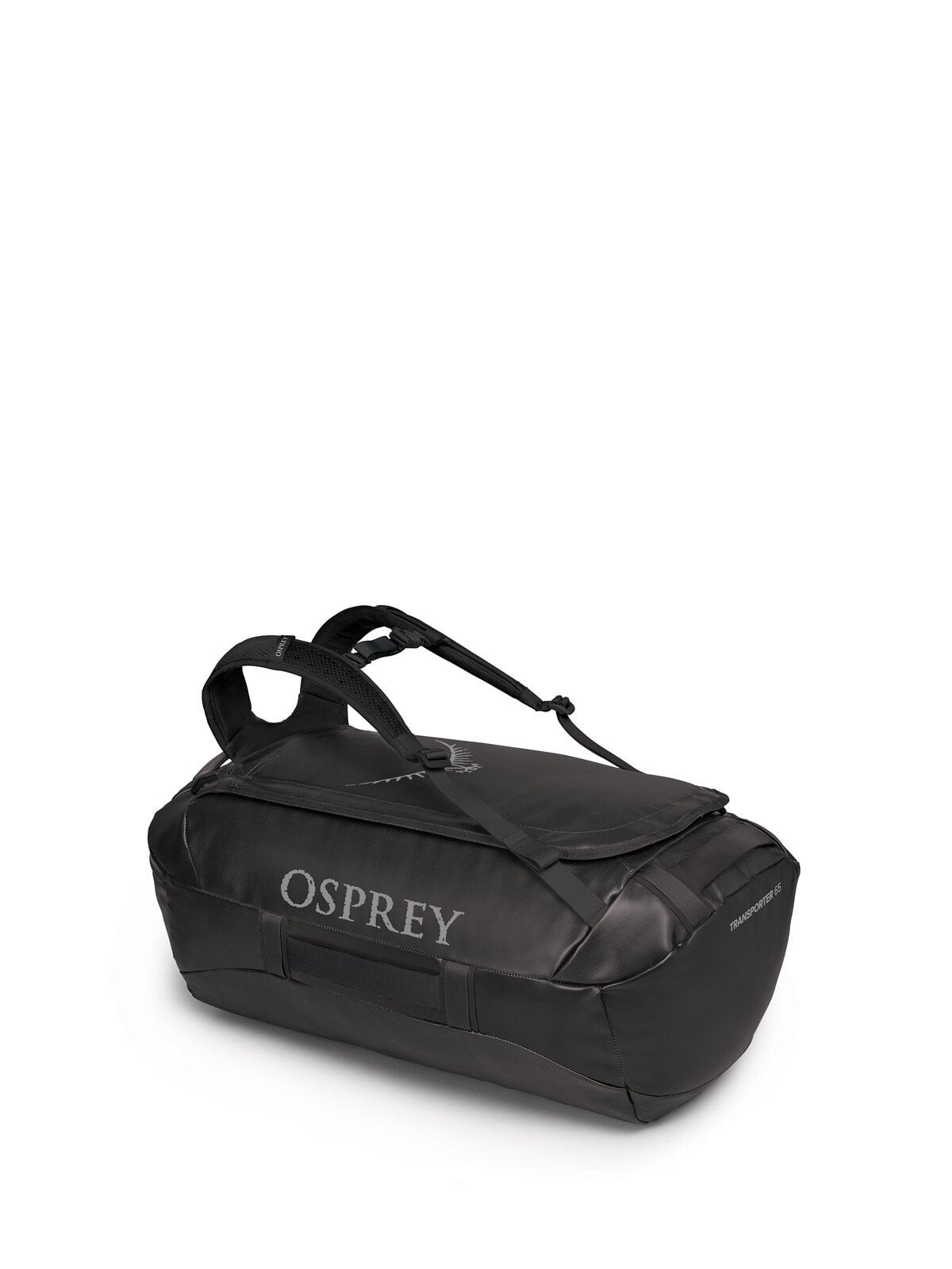 Osprey Transporter 65L Expedition Duffel in Black — angle view