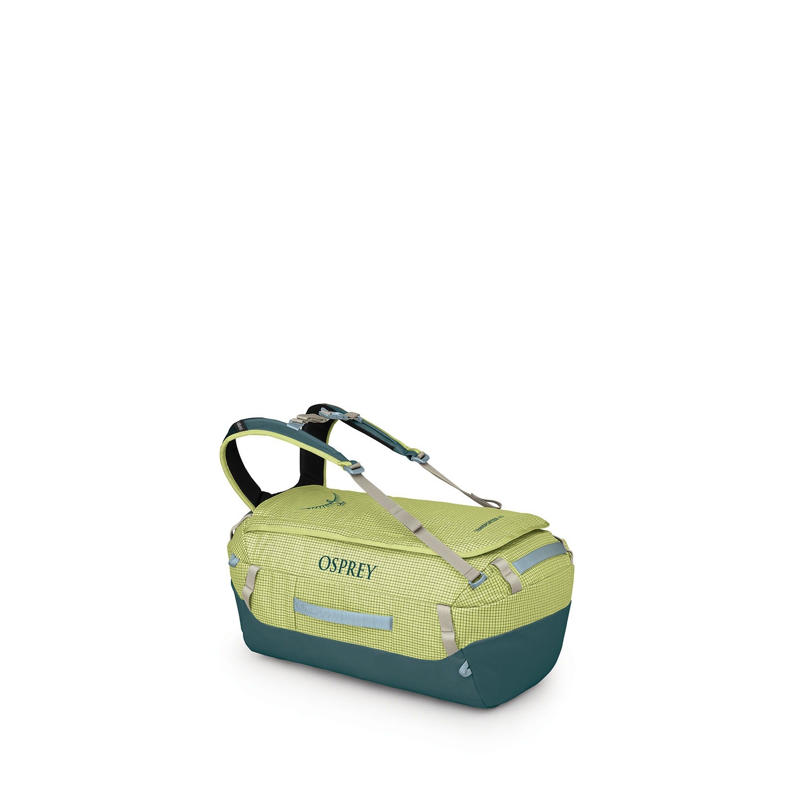 Osprey Transporter 40L Expedition Duffel in Glow Dew-Torrent Blue — front view # color_Glow Dew-Torrent Blue