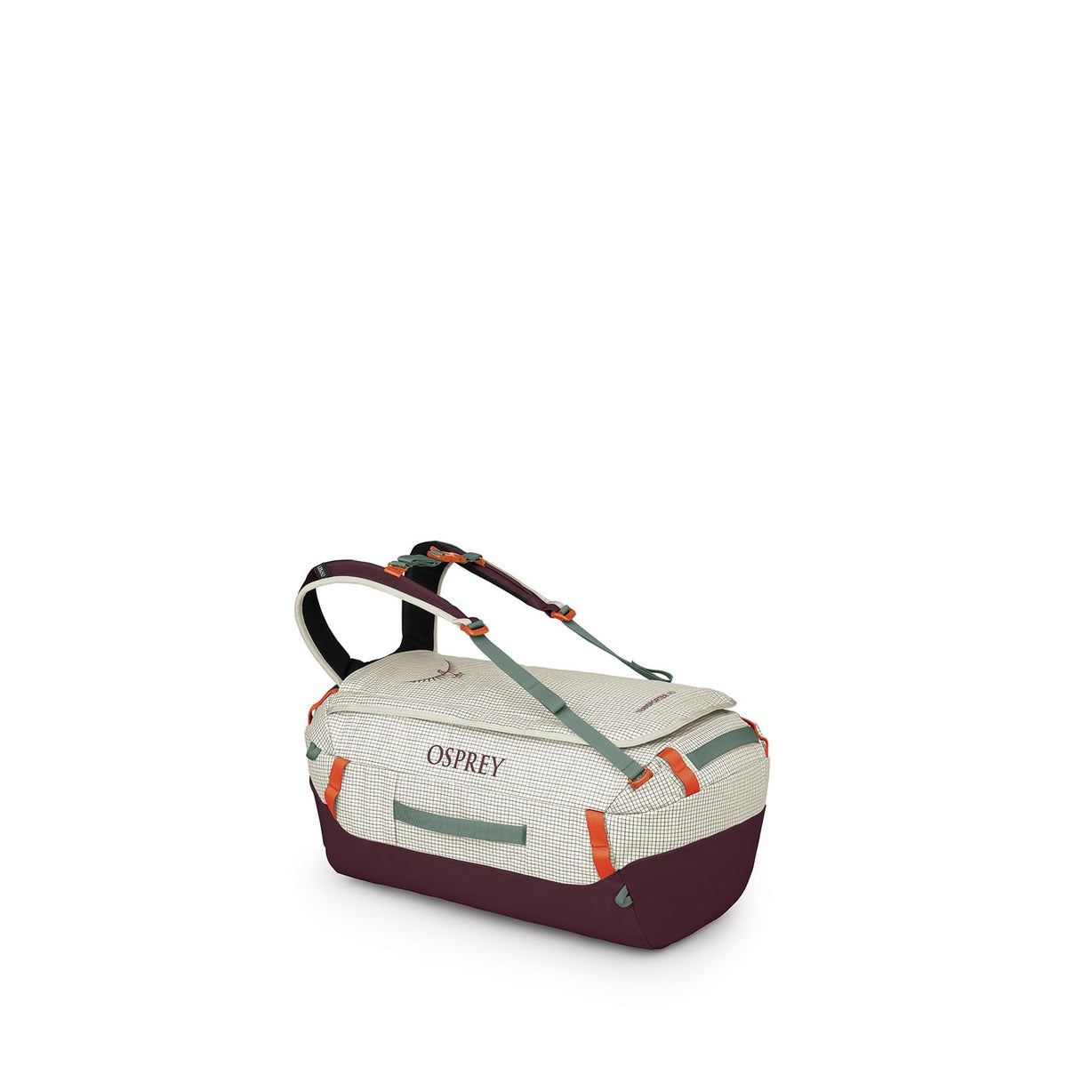 Osprey Transporter 40L Expedition Duffel in Mystery White-Moody Burgundy — front view # color_Mystery White-Moody Burgundy