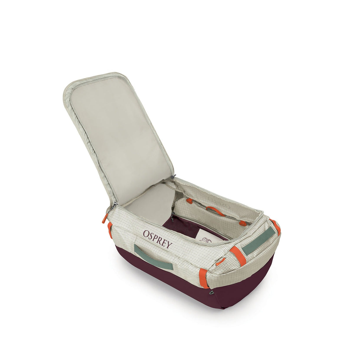 Osprey Transporter 65L Expedition Duffel in Mystery White-Moody Burgundy — angle view 3