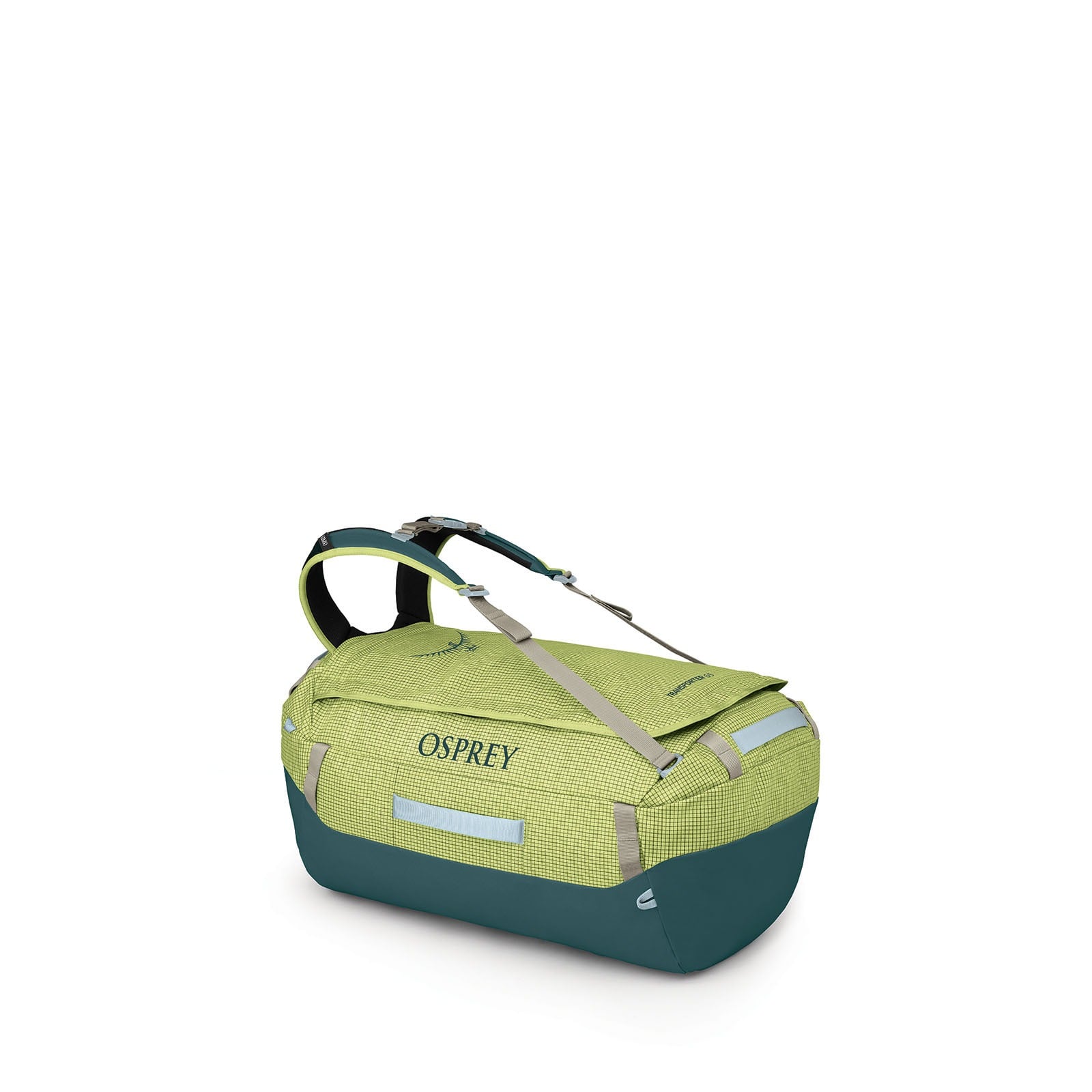 Osprey Transporter 65L Expedition Duffel in Glow Dew-Torrent Blue — front view # color_Glow Dew-Torrent Blue