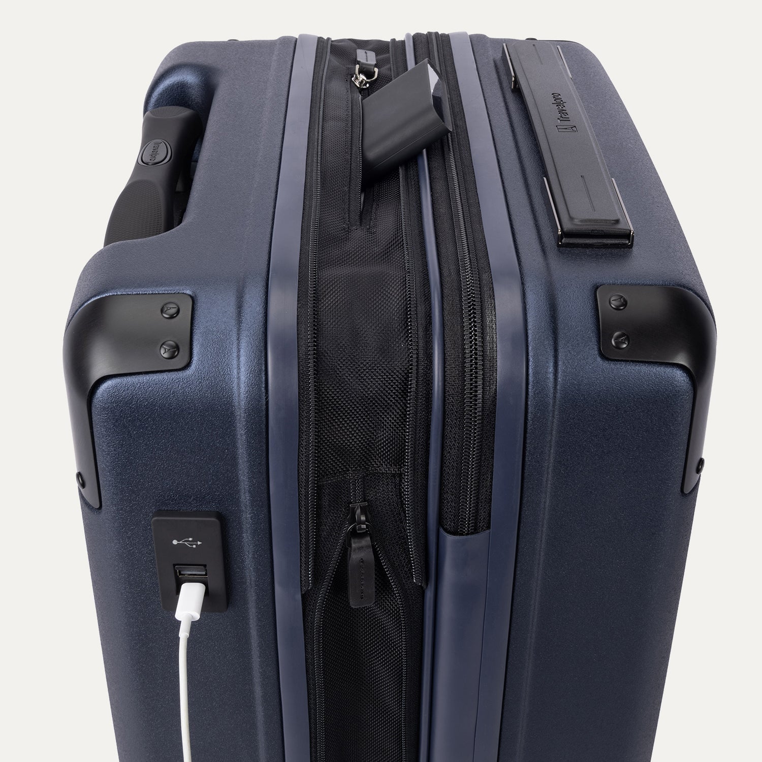 Travelpro Platinum Elite Hardside Compact Carry-On Expandable Spinner in Aviator Navy — detail view