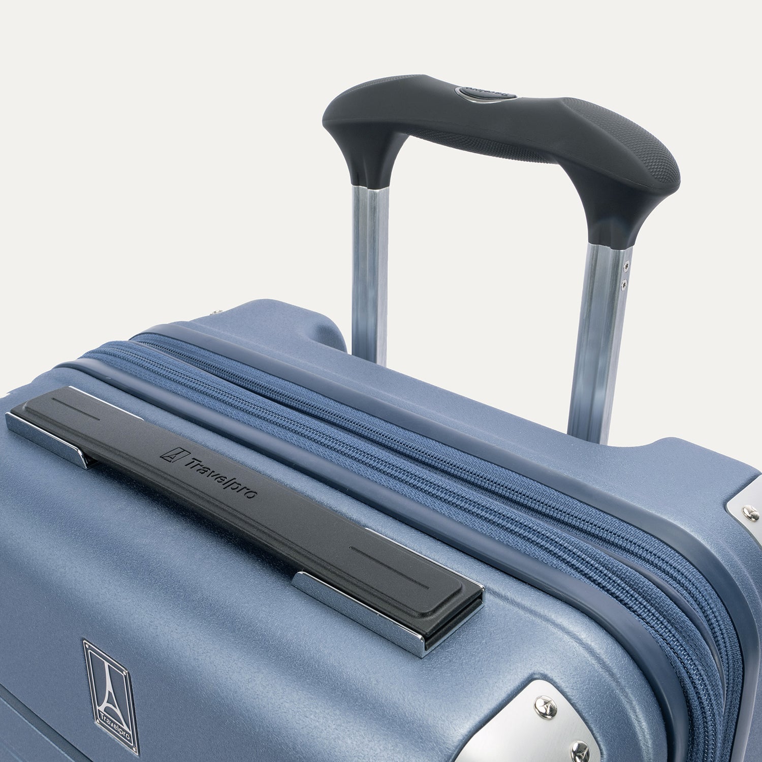 Travelpro Platinum Elite Hardside Compact Carry-On Expandable Spinner in Dark Sky Blue — detail view
