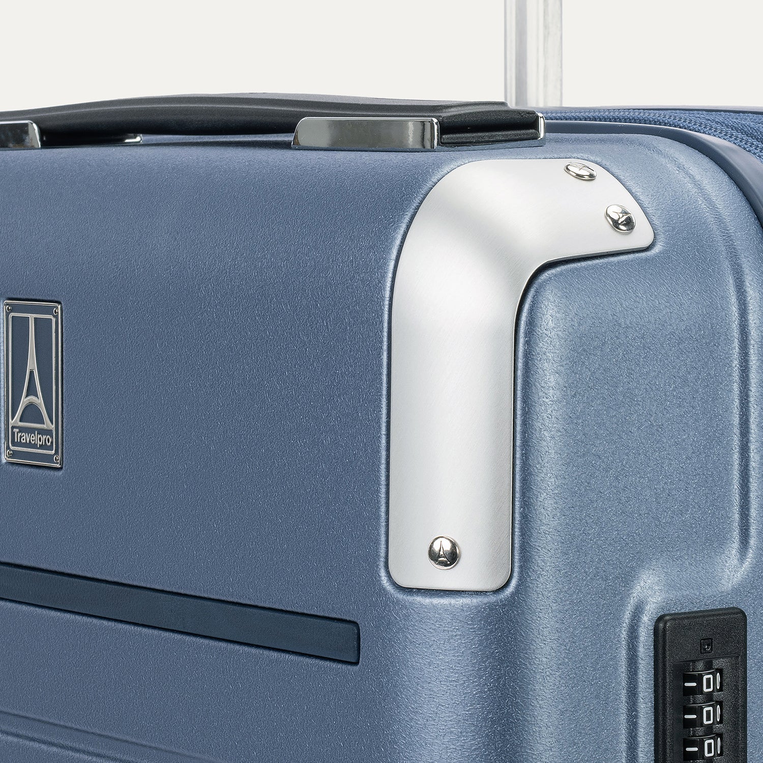 Travelpro Platinum Elite Hardside Compact Carry-On Expandable Spinner in Dark Sky Blue — detail view