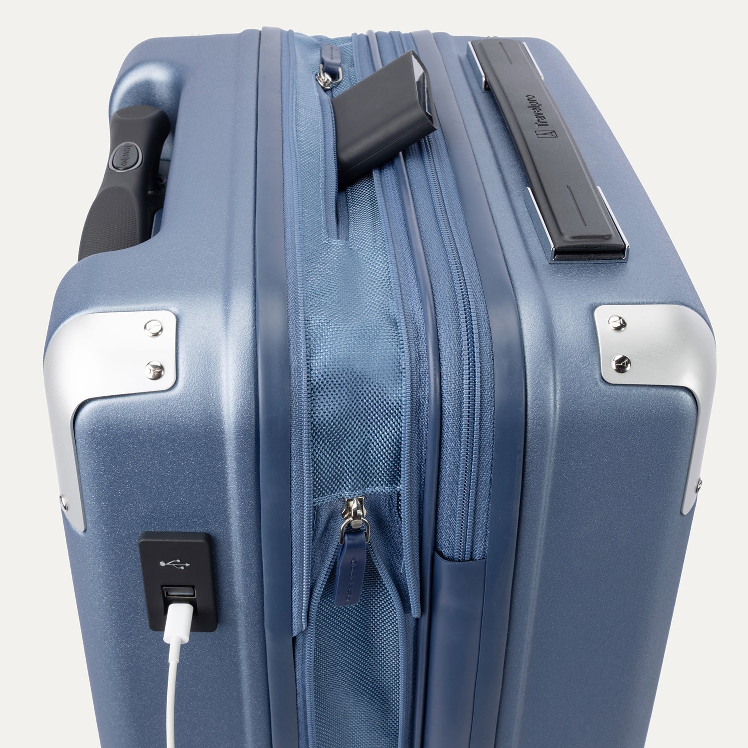 Travelpro Platinum Elite Hardside Compact Carry-On Expandable Spinner in Dark Sky Blue — detail view