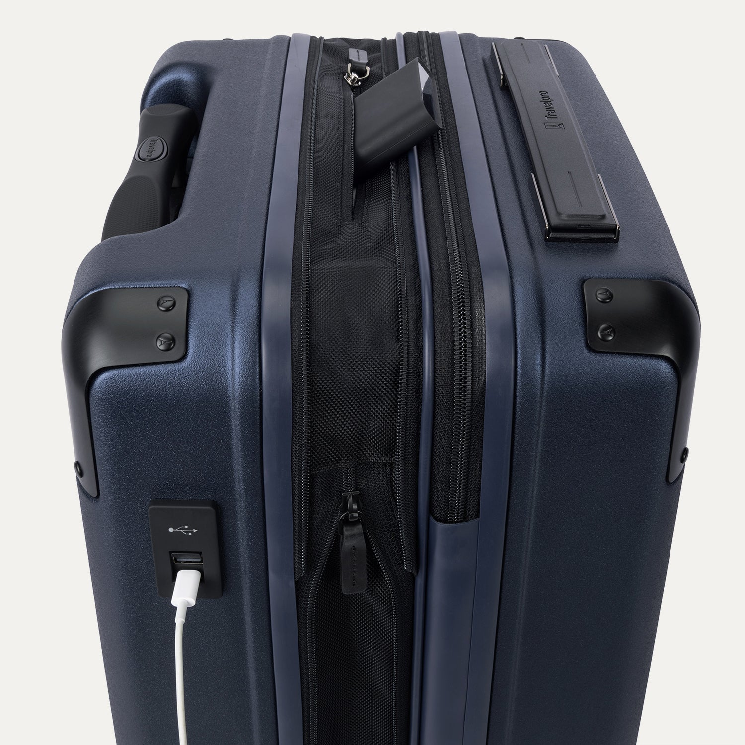 Travelpro Platinum Elite Hardside Carry-On Expandable Spinner in Aviator Navy — detail view