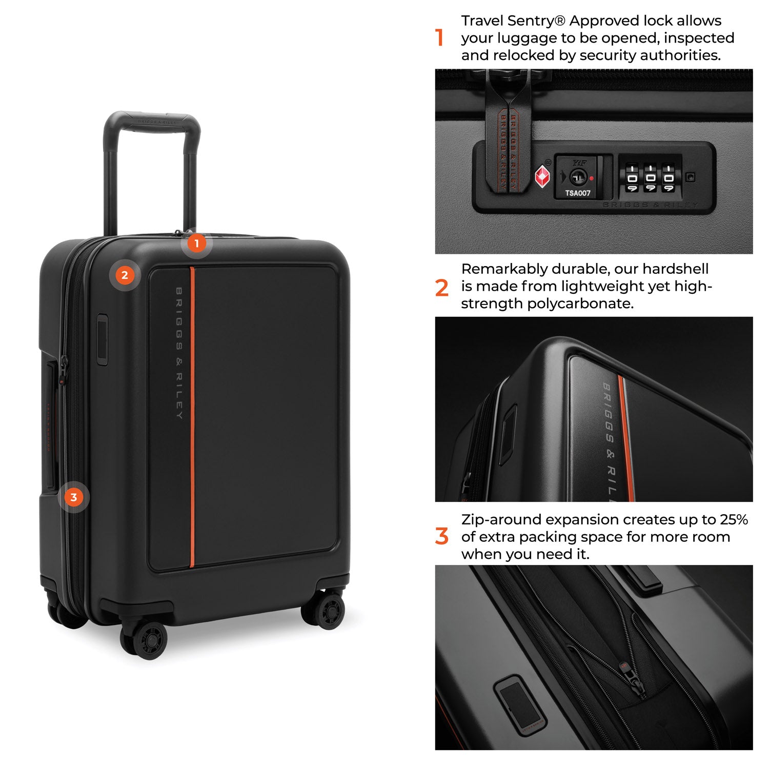 Briggs & Riley ZDX Global 21" Hardside Carry-On Expandable Spinner in Black — detail view 2 # color_Black