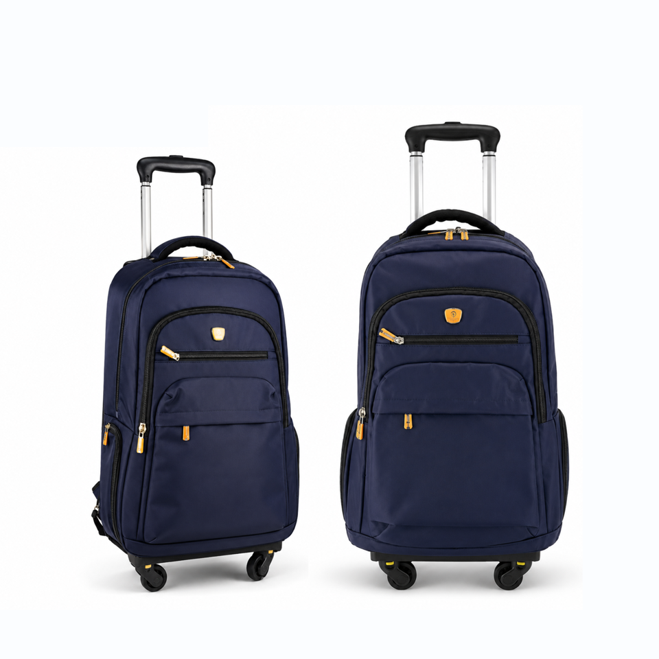 Power In Eavas 1921 4-Wheeled Backpack in Navy — size comparison, both sizes shown