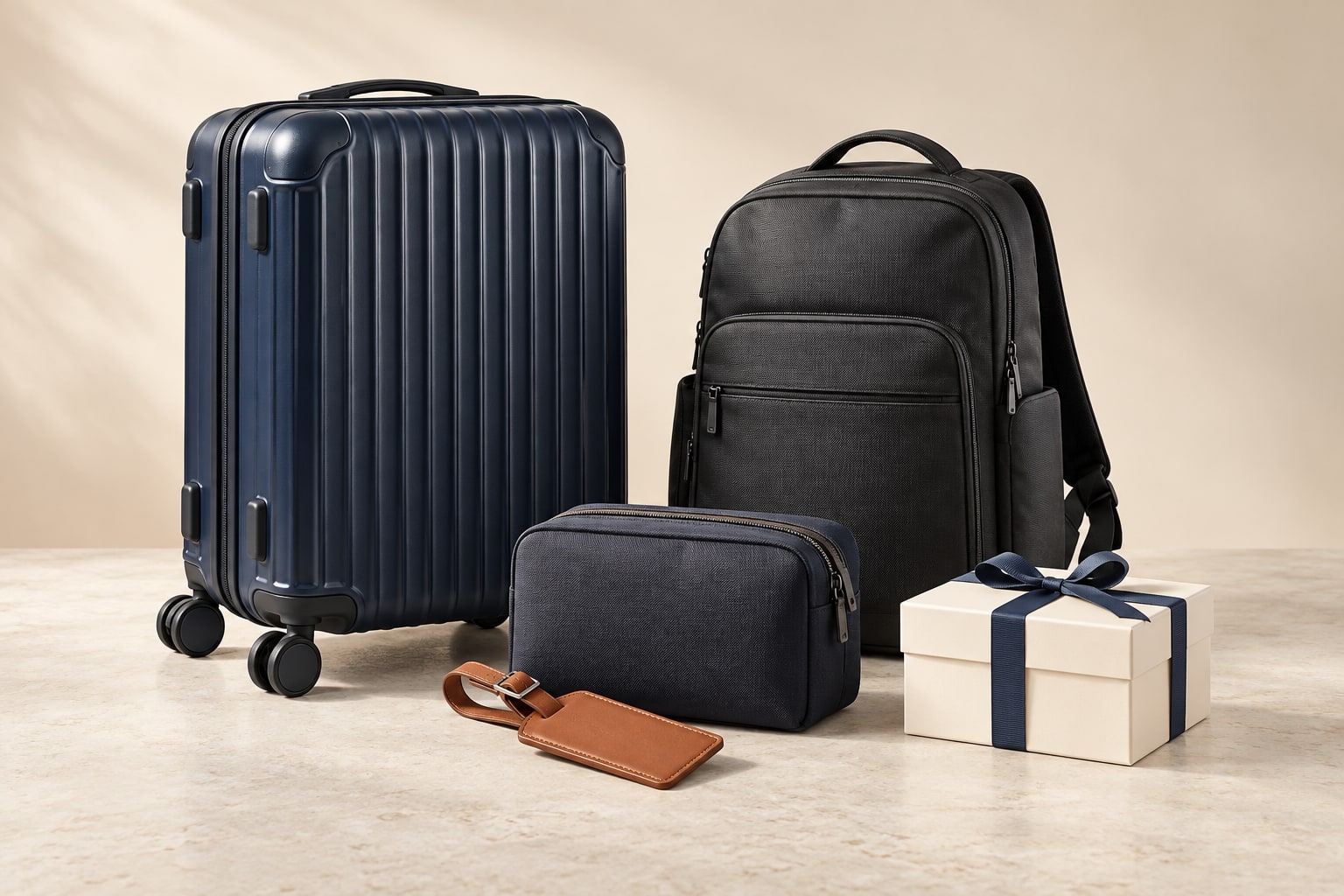 Navy luggage, a charcoal backpack, travel accessories, and a ribbon-tied gift box.